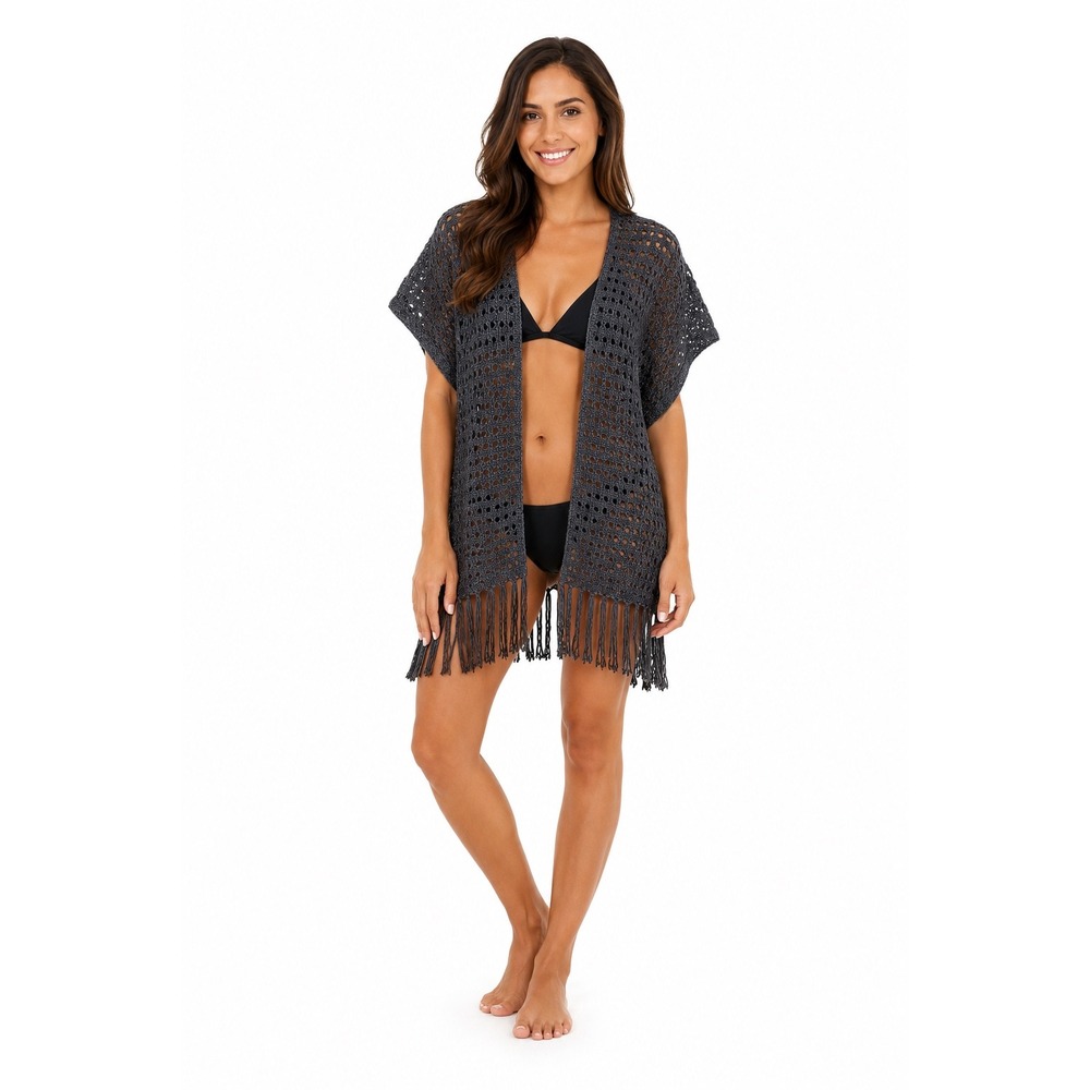 Bethany Mota Gray Crochet Fringe Cardigan XL Open Front Kimono Swim Cover Beach